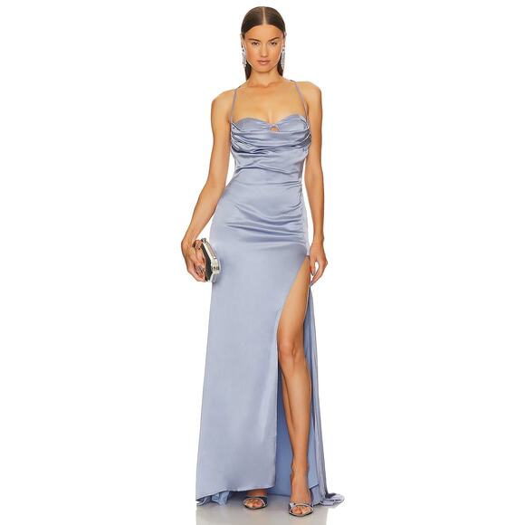 Michael Costello REVOLVE Ailana Gown Satin Adjustable Strap Side Slit Gray Small - Picture 3 of 14